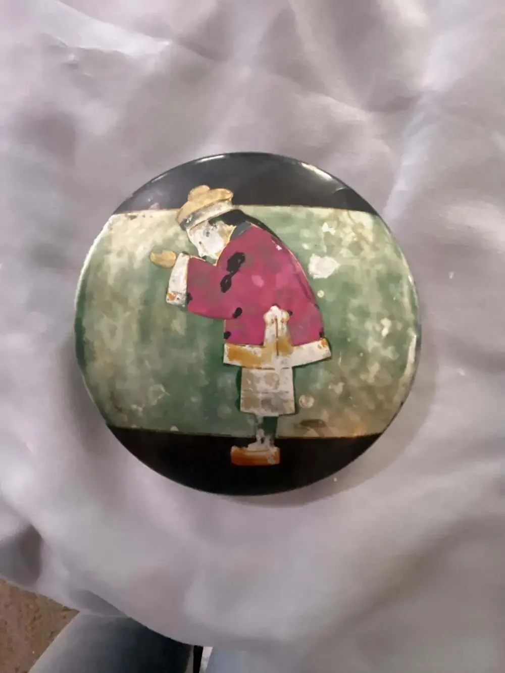 Vintage Hand-Painted Black Lacquer Trinket Box with Asian Figure